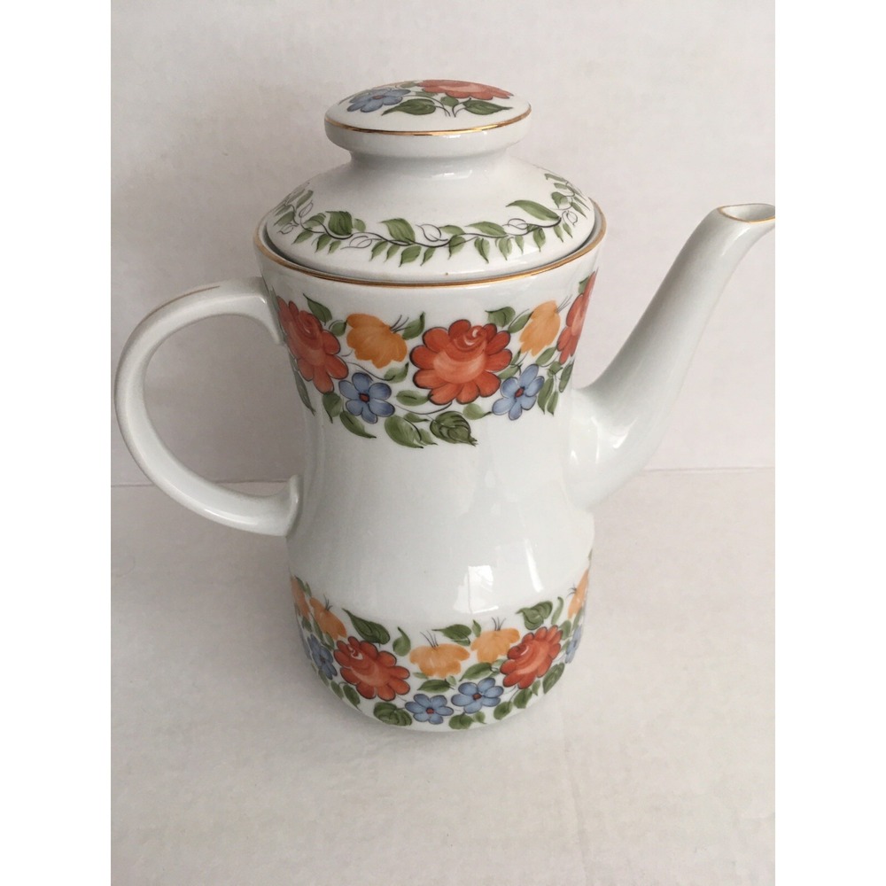 VINTAGE HAND-PAINTED pitcher coffee tea Chocolate pot lid signed polish Danish